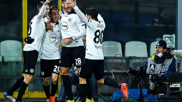 SPEZIA-MILAN 13-02-2021 Gol Spezia (2-0): esultanza Giulio Maggiore-Simone Bastoni-Martin Erlic-Kevin AndrŽs Agudelo. TASSONE/SILPRESS