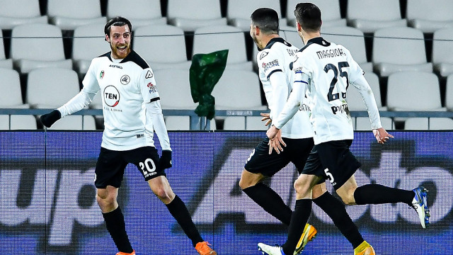 SPEZIA-MILAN 13-02-2021 Spezia (2-0): esultanza Simone Bastoni-Martin Erlic-Giulio Maggiore. TASSONE/SILPRESS