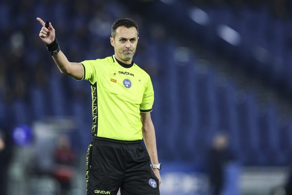 Italian referee Marco Di Bello during the Serie A football match SS Lazio vs AC Milan at Olimpico Stadium on March 01, 2024, in Rome.